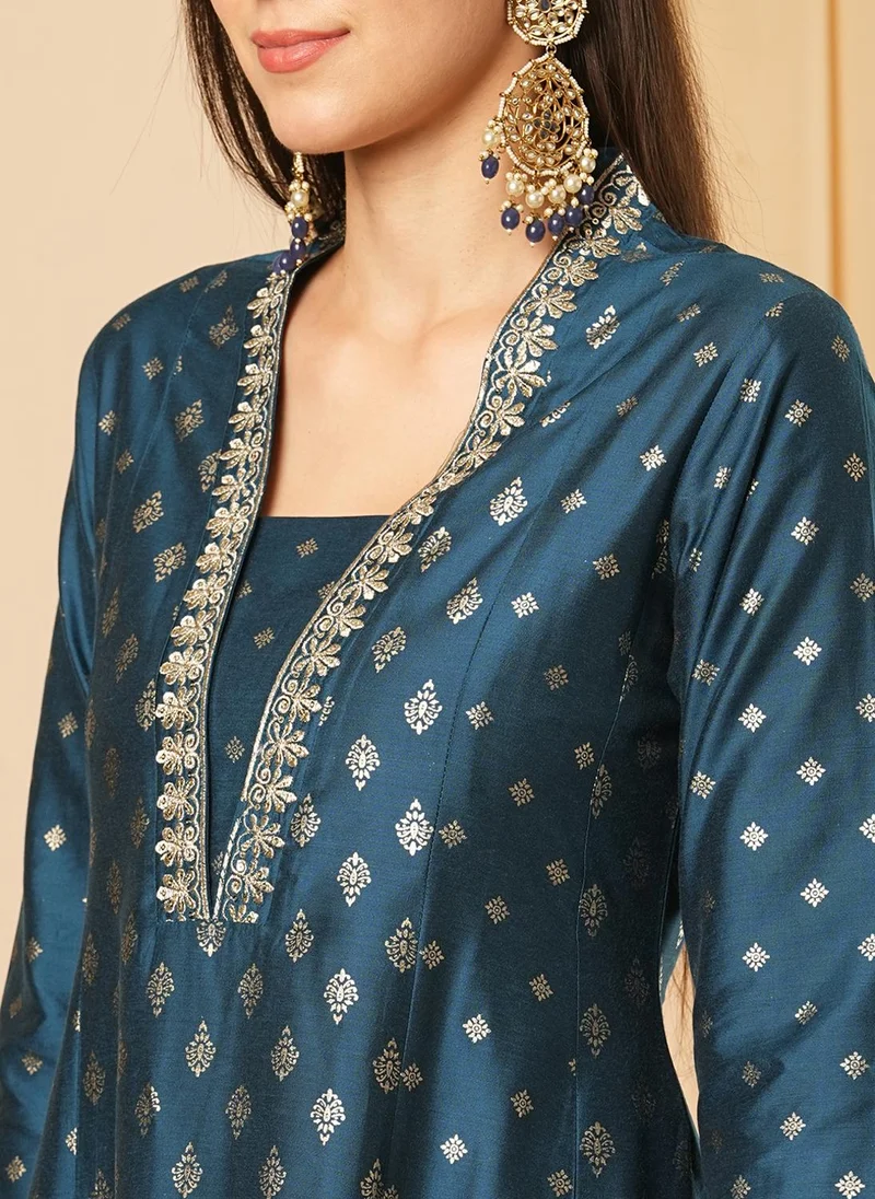 globus Blue Globus Women Ethnic Motifs Printed Panelled Thread Work Kurta With Trousers Festive Set for Women | Best Price UAE